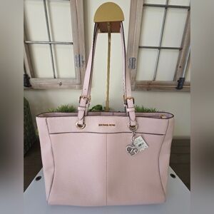 Michael Kors LG Commuter Tote/Laptop Bag Powder Blush Pink Leather+New MK Charm